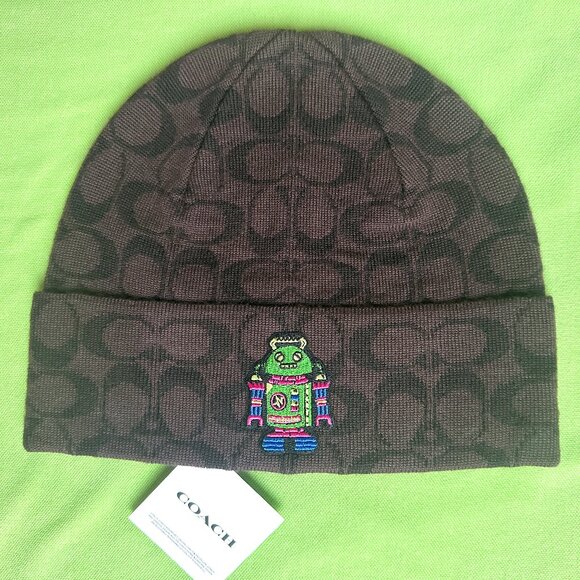 COACH SIGNATURE ROBOT PRINT KNIT BEANIE:NWT WALNUT/MULTI CX132 - Picture 3 of 9